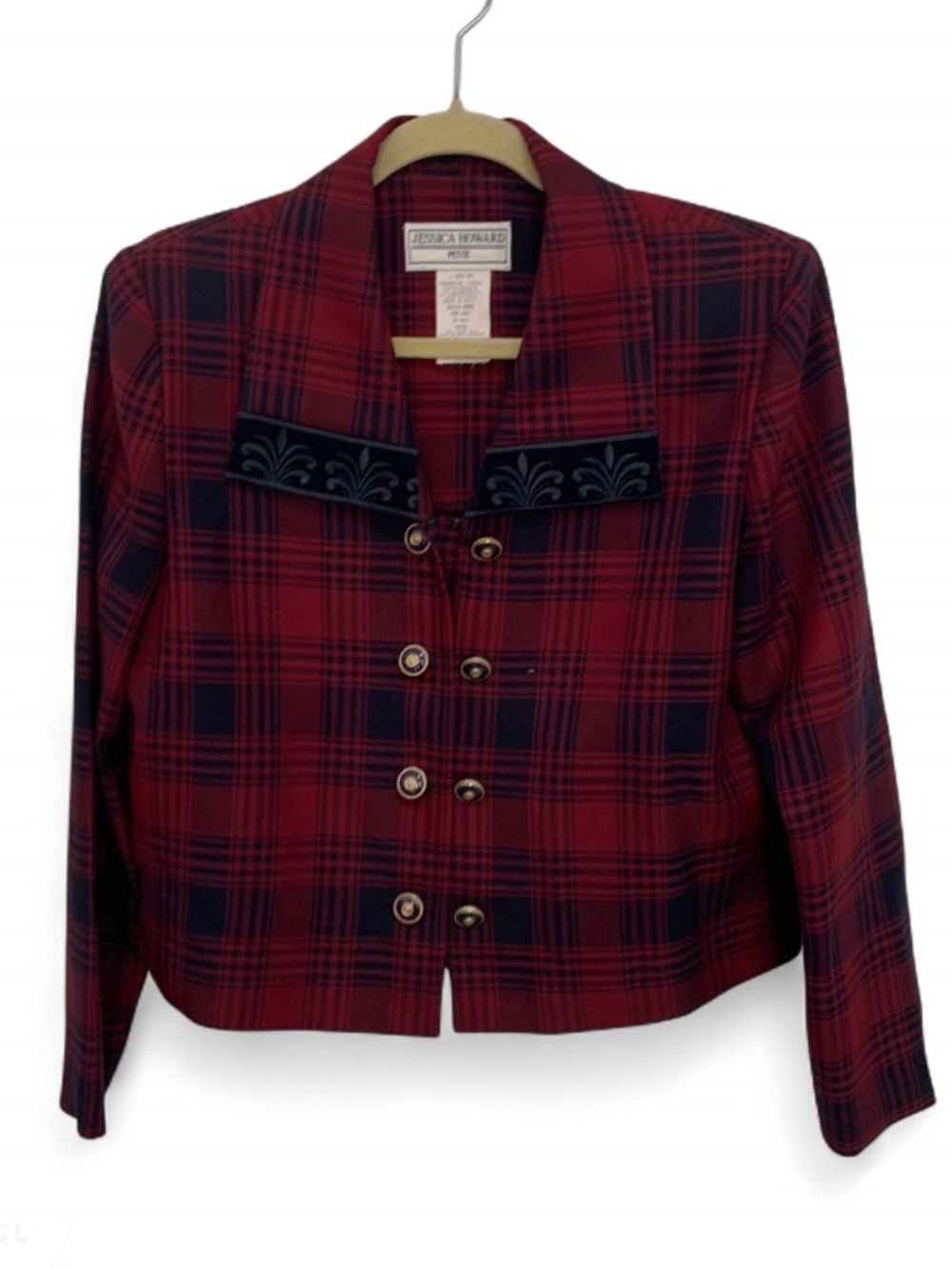 Vintage Jessica Howard Red and Navy Plaid Cropped Blazer